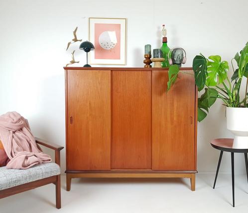 Sideboard high Danish teak veneer vintage sliding doors
