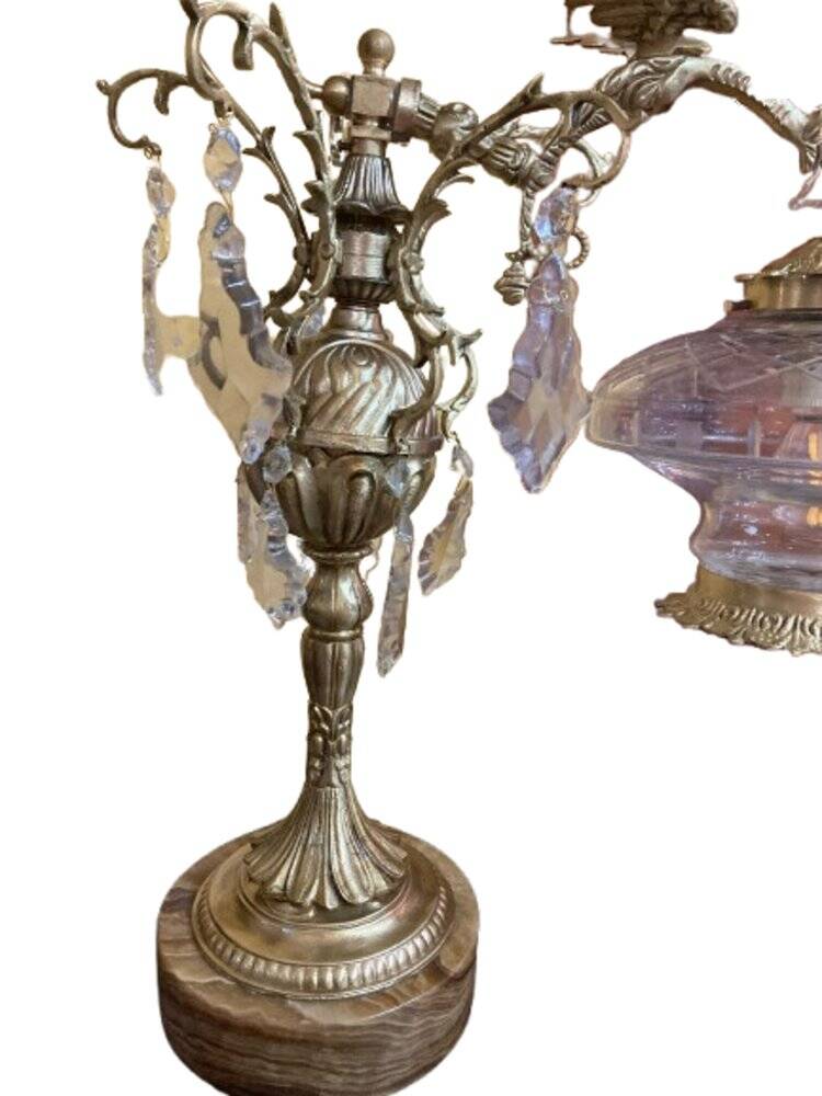 Bronze table lamp with dragon arm and cut glass shade, 1940s