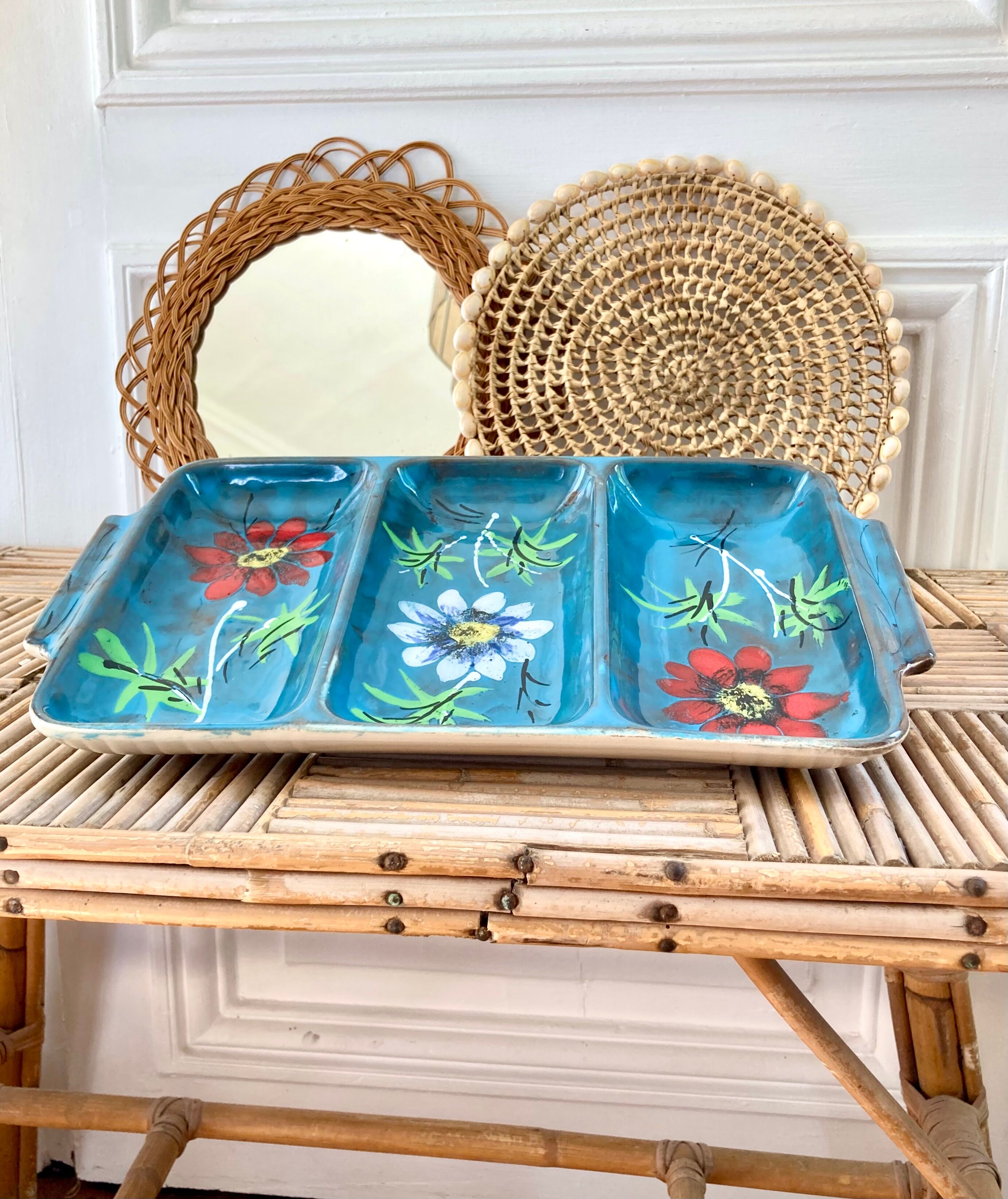 Glazed ceramic dish with flowers 50s