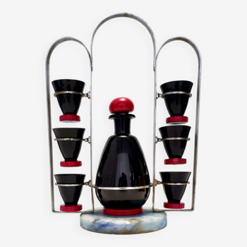 Service à liqueur vintage rare en verre noir et rouge par moretti & nason, italie