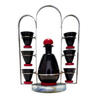 Vintage Rare Black and Red Glass Liqueur Drinking Set by Moretti & Nason, Italy