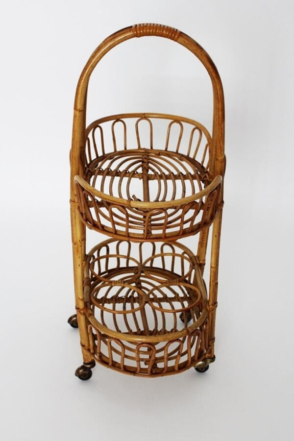 Chariot de service apéritif  vintage en rotin osier vintage 1960