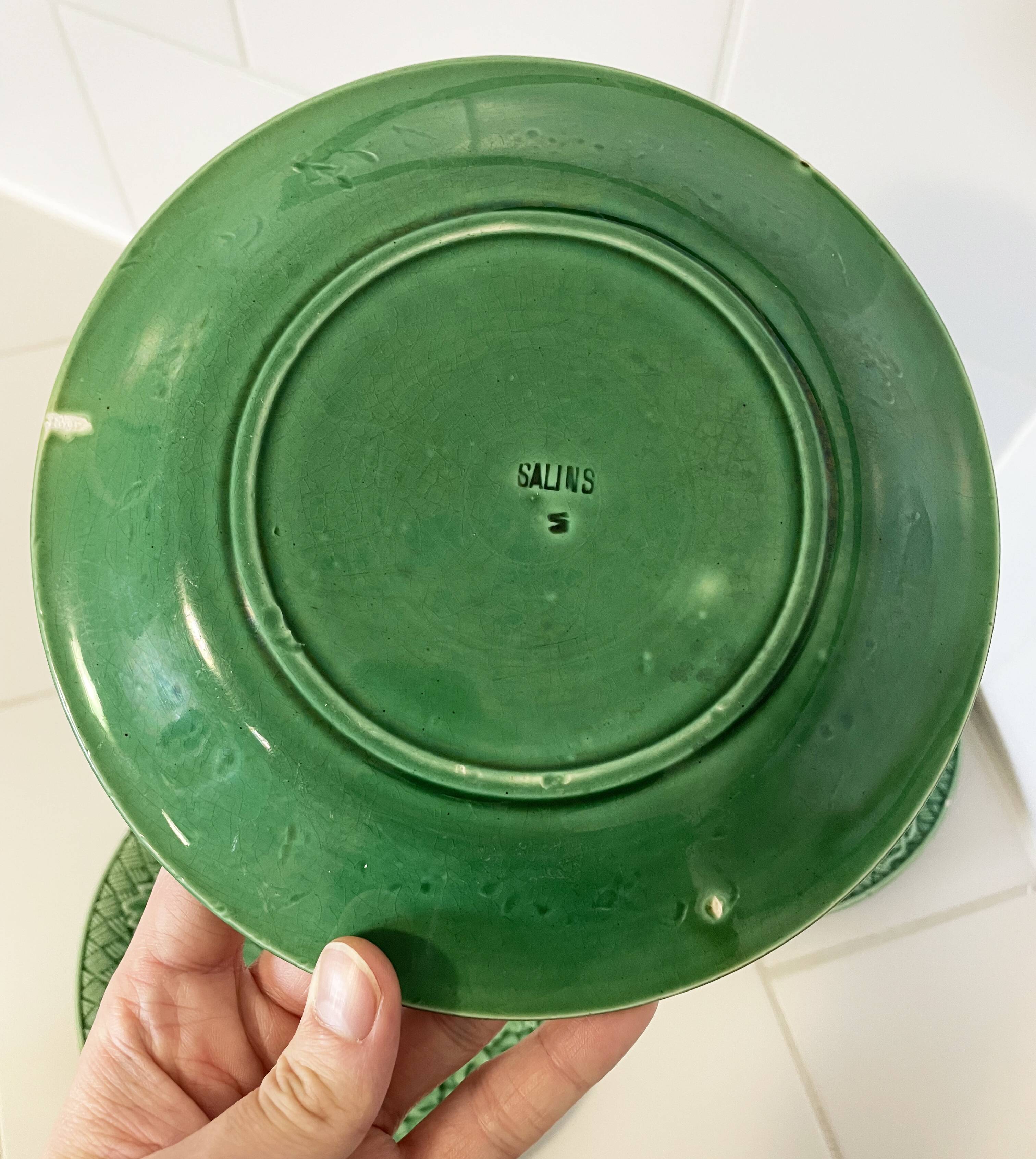 Set of Three 19th Century Salins Dessert Plates with Green Vine Leaf Motif