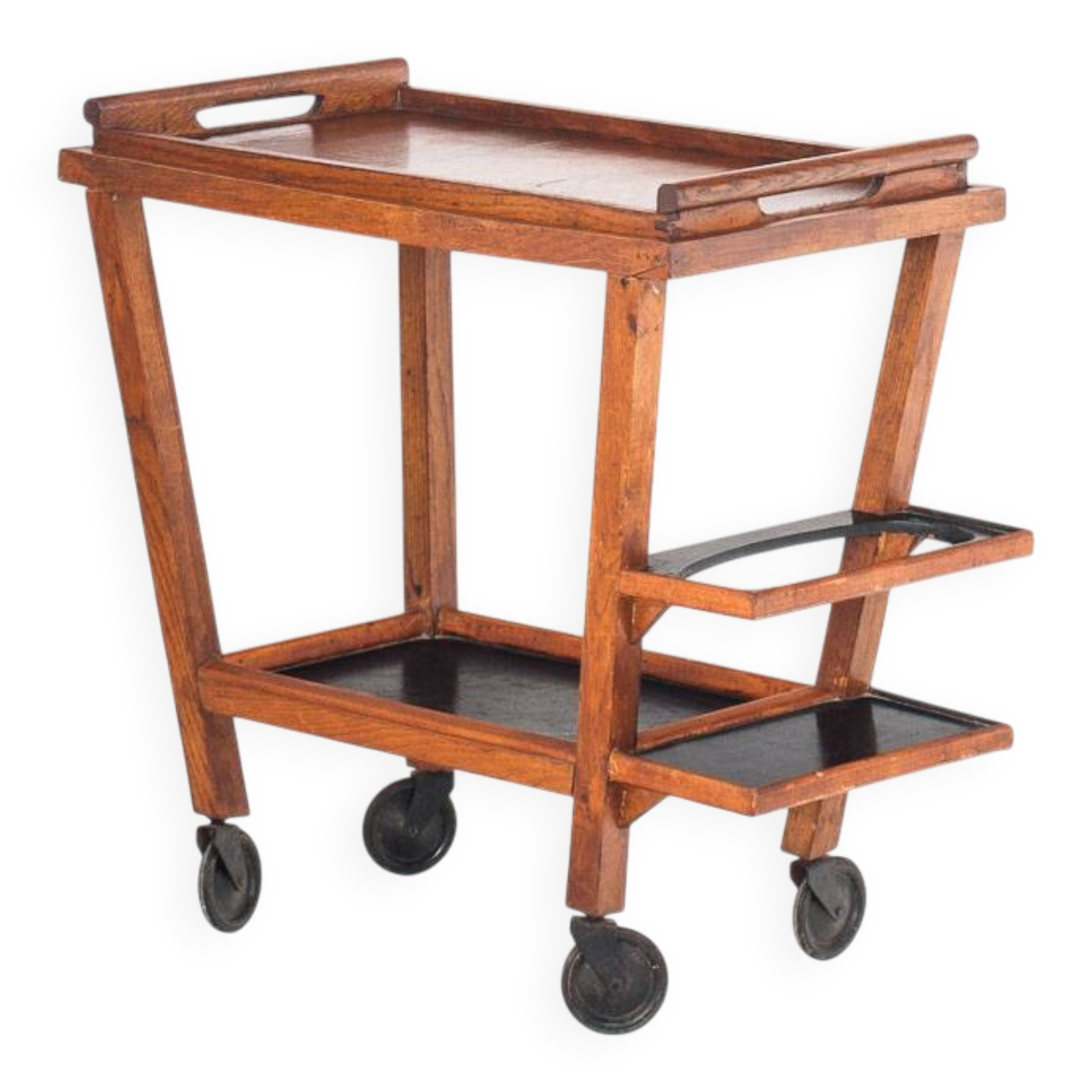 Vintage oak bar cart with removable tray. France 1950s.