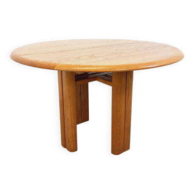 Table à manger ronde vintage Seltz des années 70 80 en orme blond massif