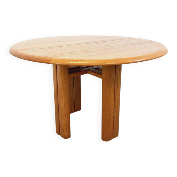 Table à manger ronde vintage Seltz des années 70 80 en orme blond massif