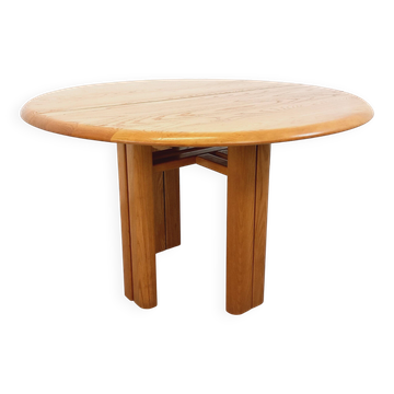 Vintage round dining table Seltz from the 70s 80s in solid blonde elm.
