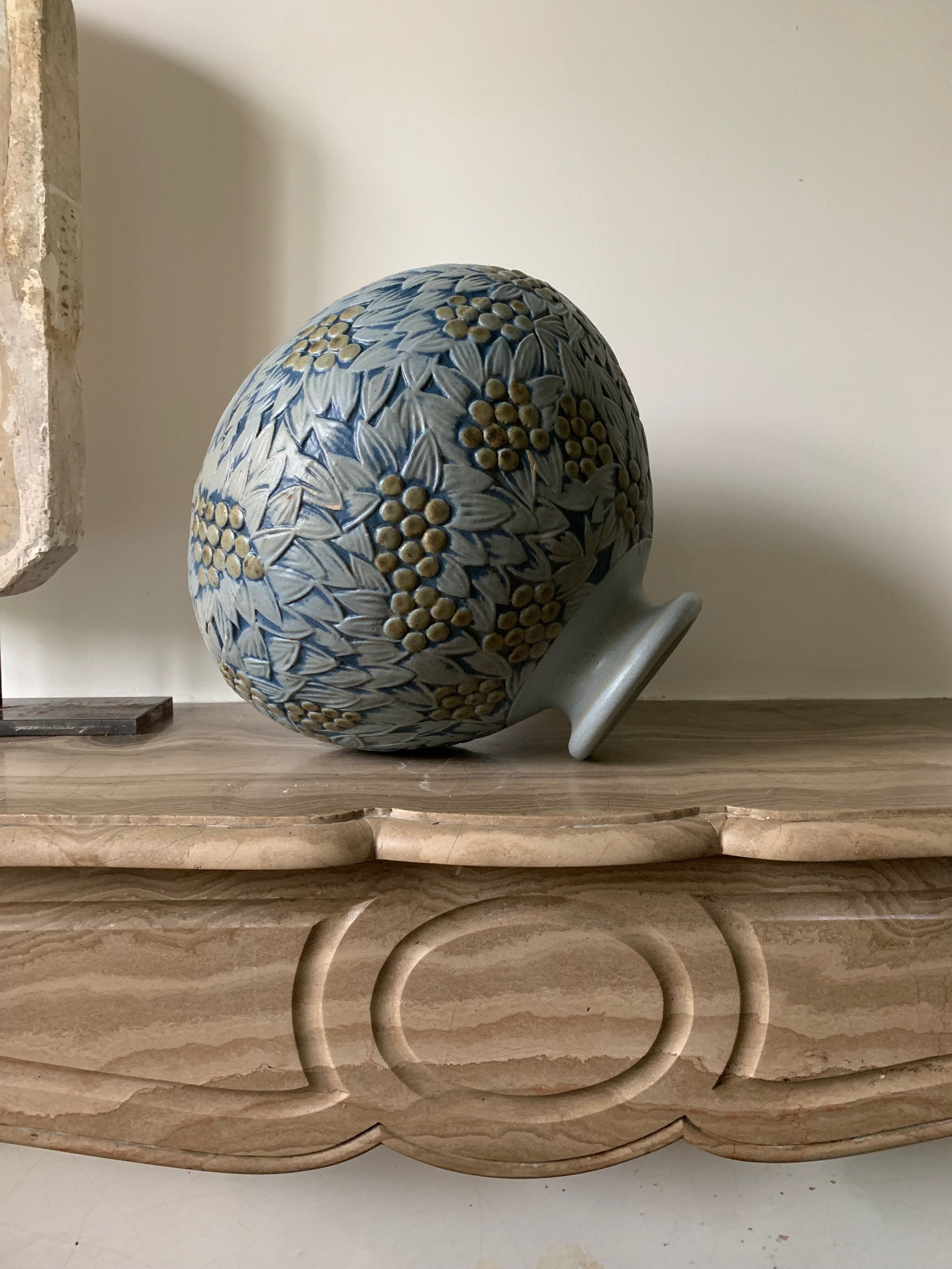 Vase Mougin blue flower and vegetal motif