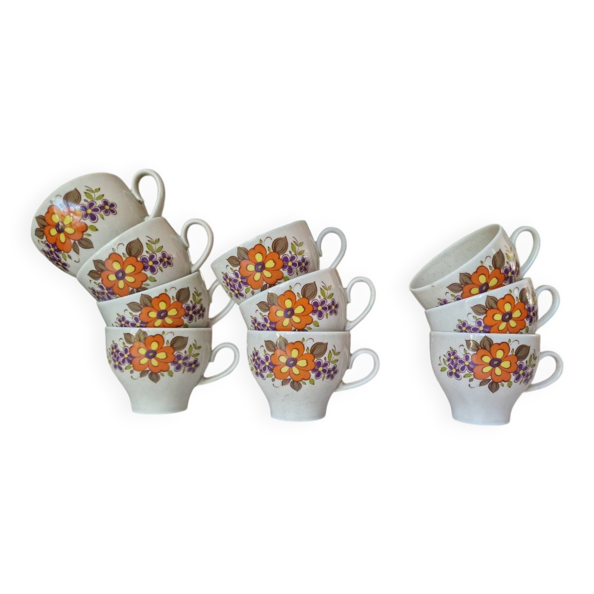 Lot of 10 vintage porcelain cups from Winterling Bavaria with orange flowers from the 70s.