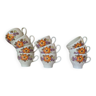 Lot 10 tasses porcelaine Winterling Bavaria vintage fleurs oranges 70s