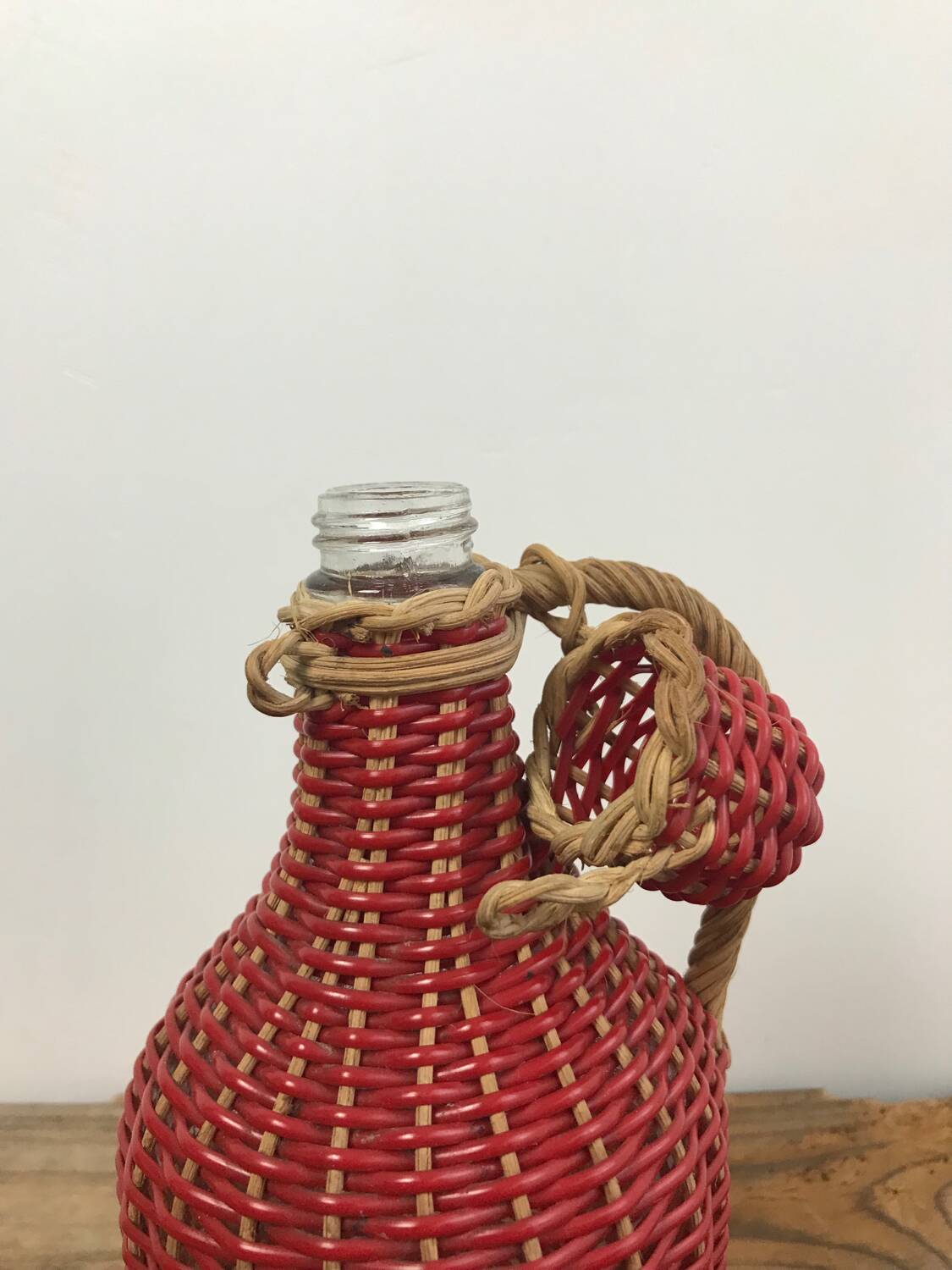 Bottle with rattan weaving and vintage scoubidou