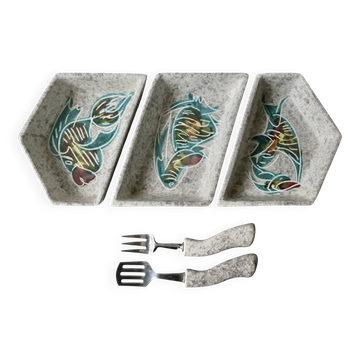 Ceramic server with 3 bowls Borty Vallauris, 1950s