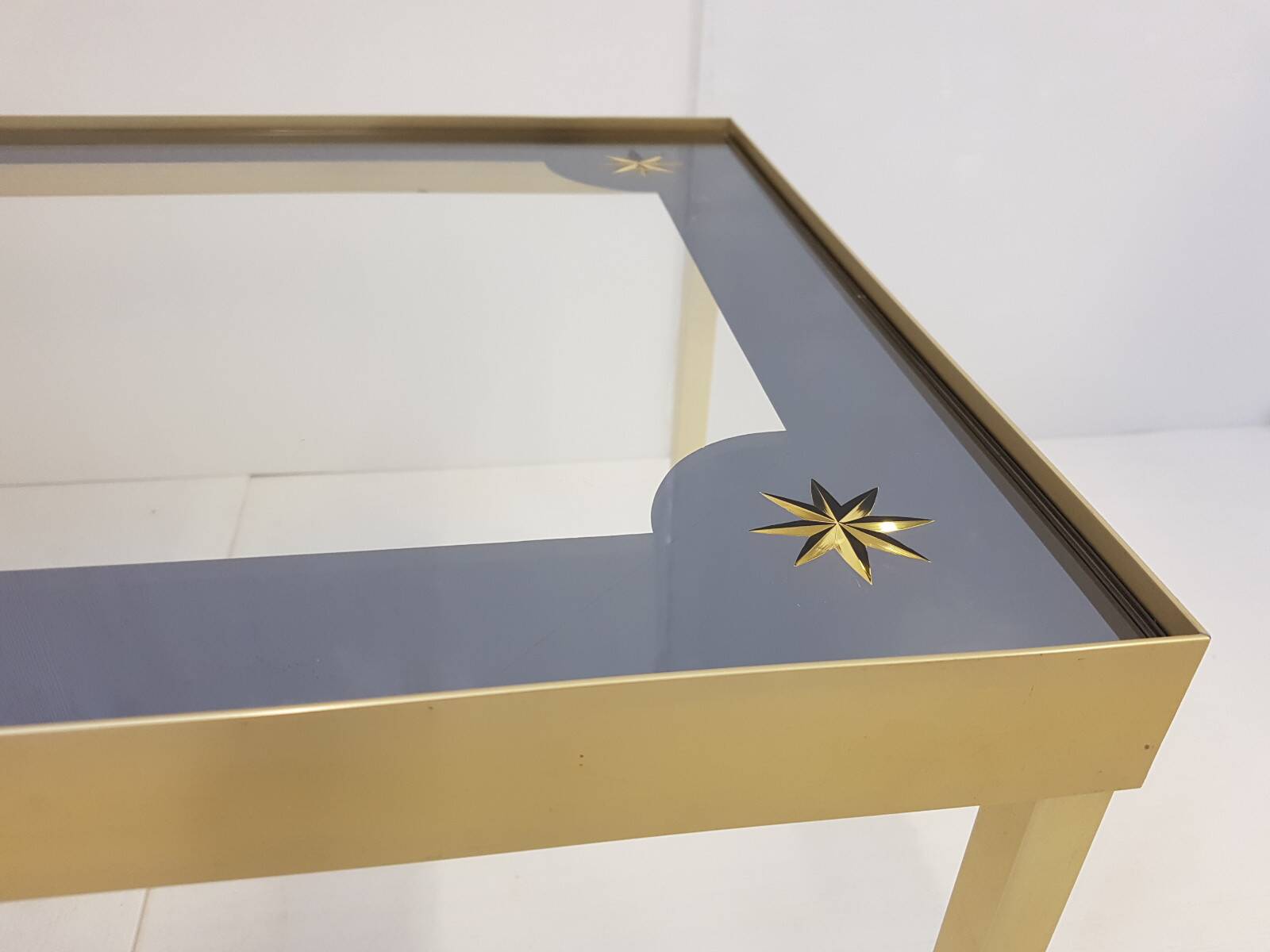 Vintage coffee table gold aluminium & star glass 1960s