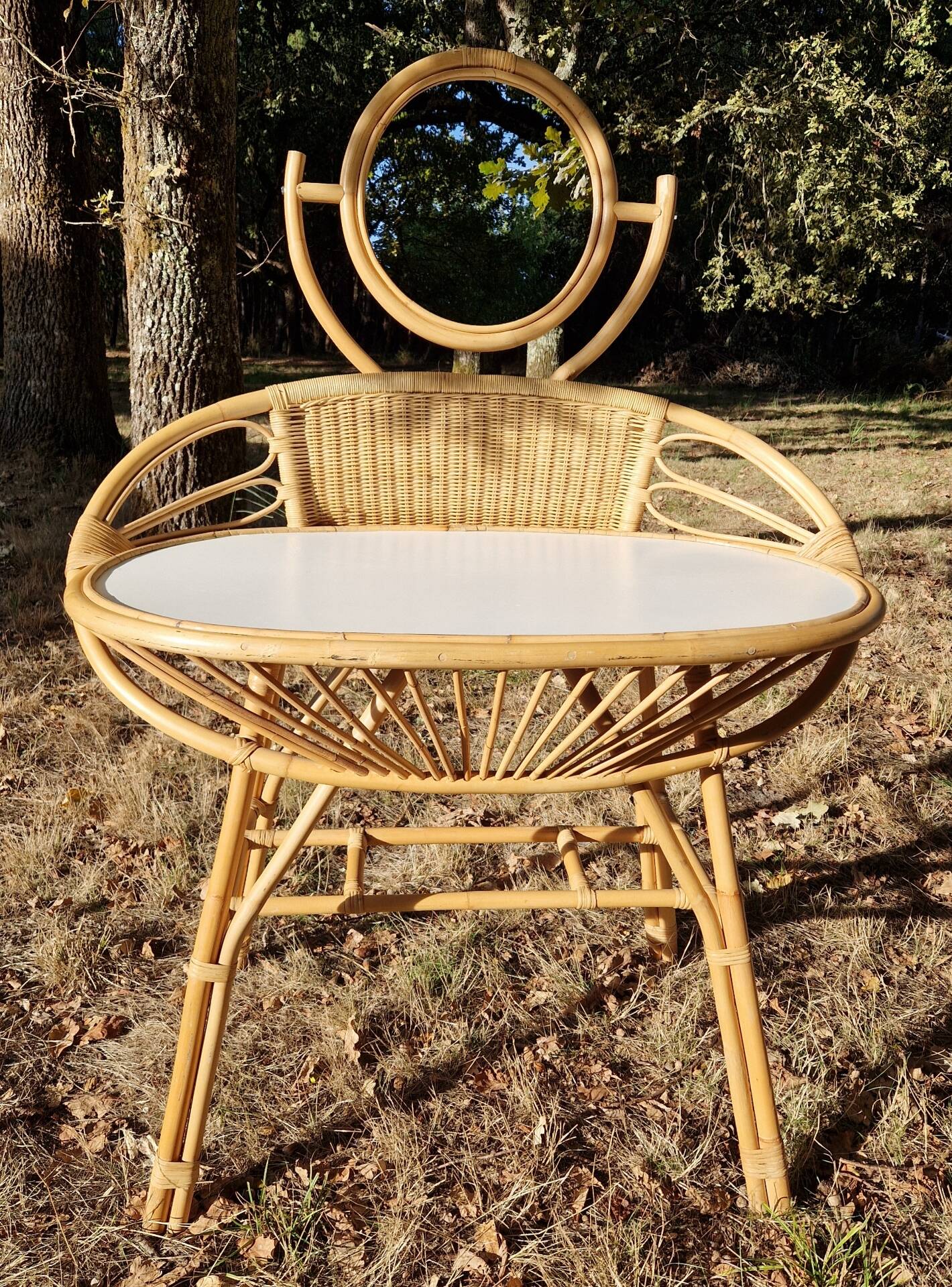 Vintage rattan hairdresser, 1960s, round mirror and woven backrest.