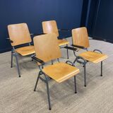 Set of 4 school armchairs with high wooden backs and anthracite grey legs, Netherlands