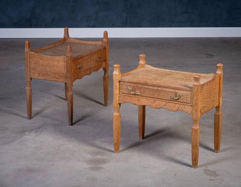 Brutalist Oak Bedside Tables attributed to Henning Kjærnulf, 1970s, Set of 2