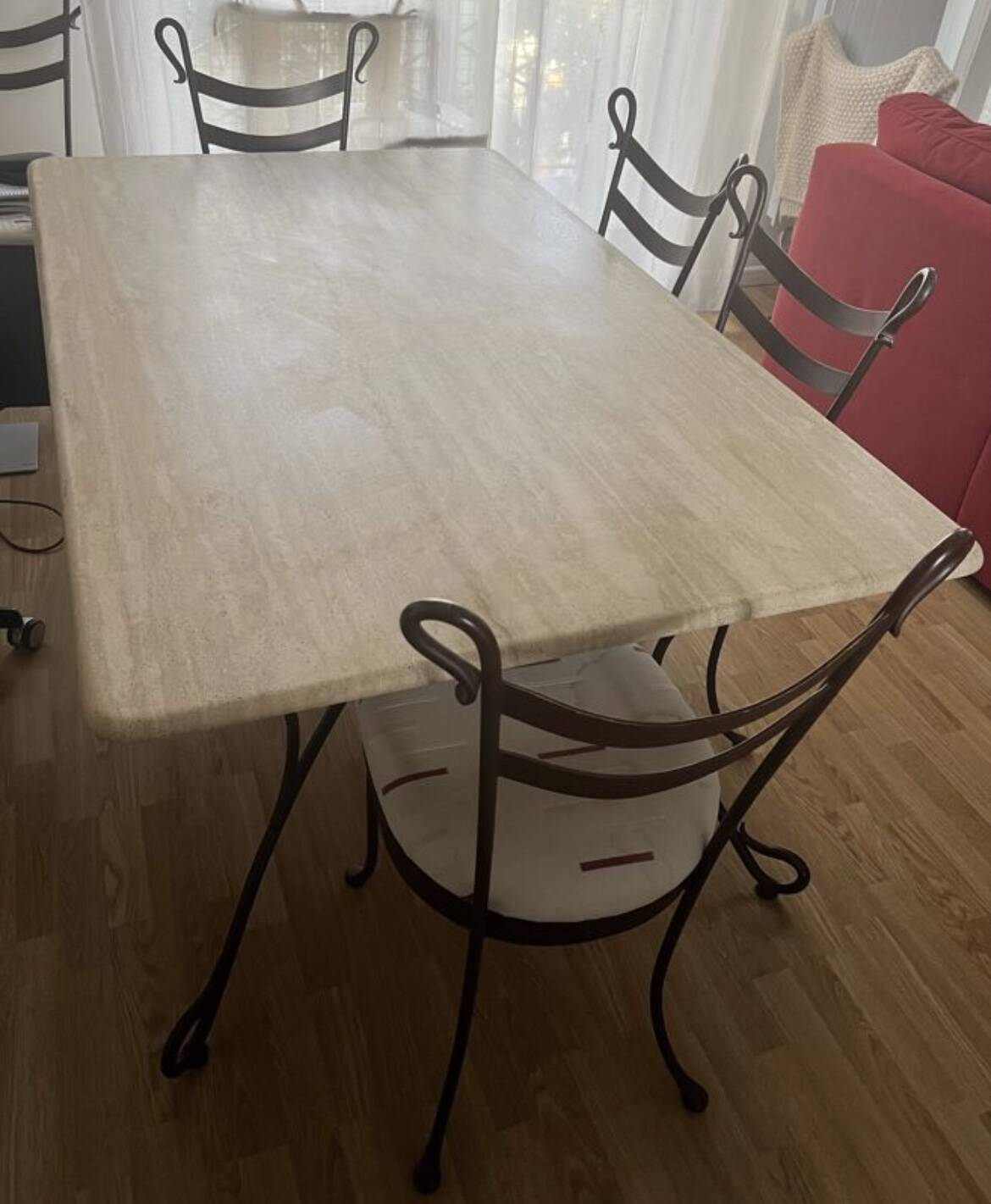 Travertine and wrought iron dining table + 8 chairs