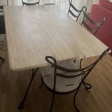 Travertine and wrought iron dining table + 8 chairs