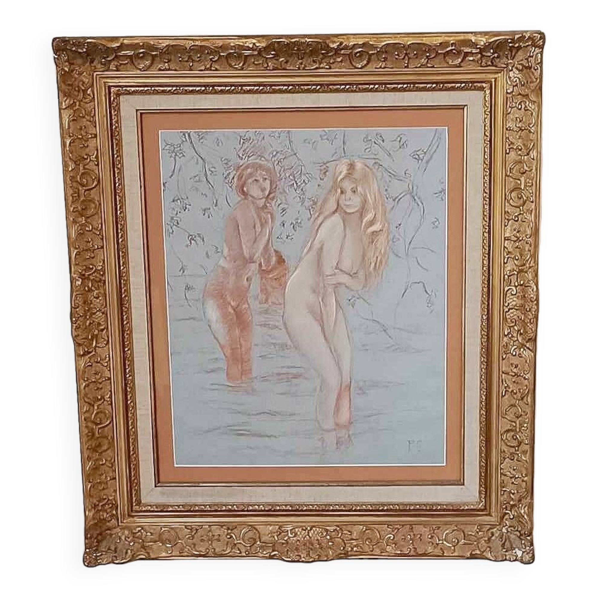 Drawing by Chabas - Two naked women bathing