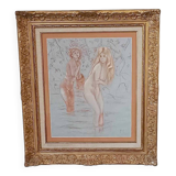 Drawing by Chabas - Two naked women bathing