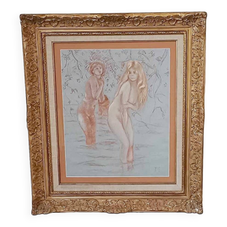 Drawing by Chabas - Two naked women bathing