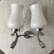 Duo of wall lamps in chrome metal and Opalines Japanese 50s