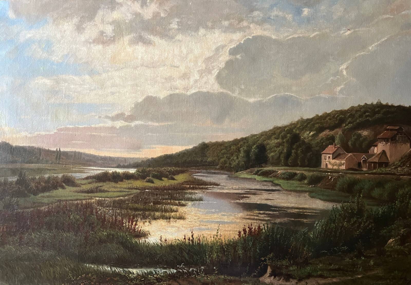 Large painting dated 1872 "Landscape with village by the river" signed