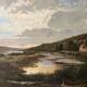 Large painting dated 1872 "Landscape with village by the river" signed
