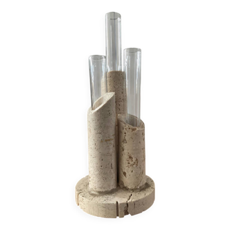Vase soliflore vintage en travertin et verre