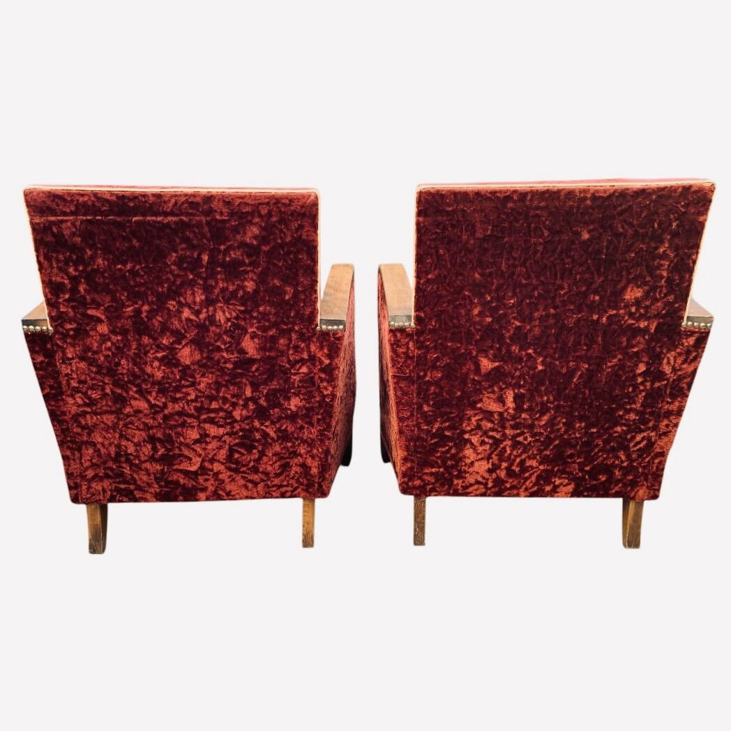 Pair of Art Deco club armchairs in burgundy red velvet, 1930s