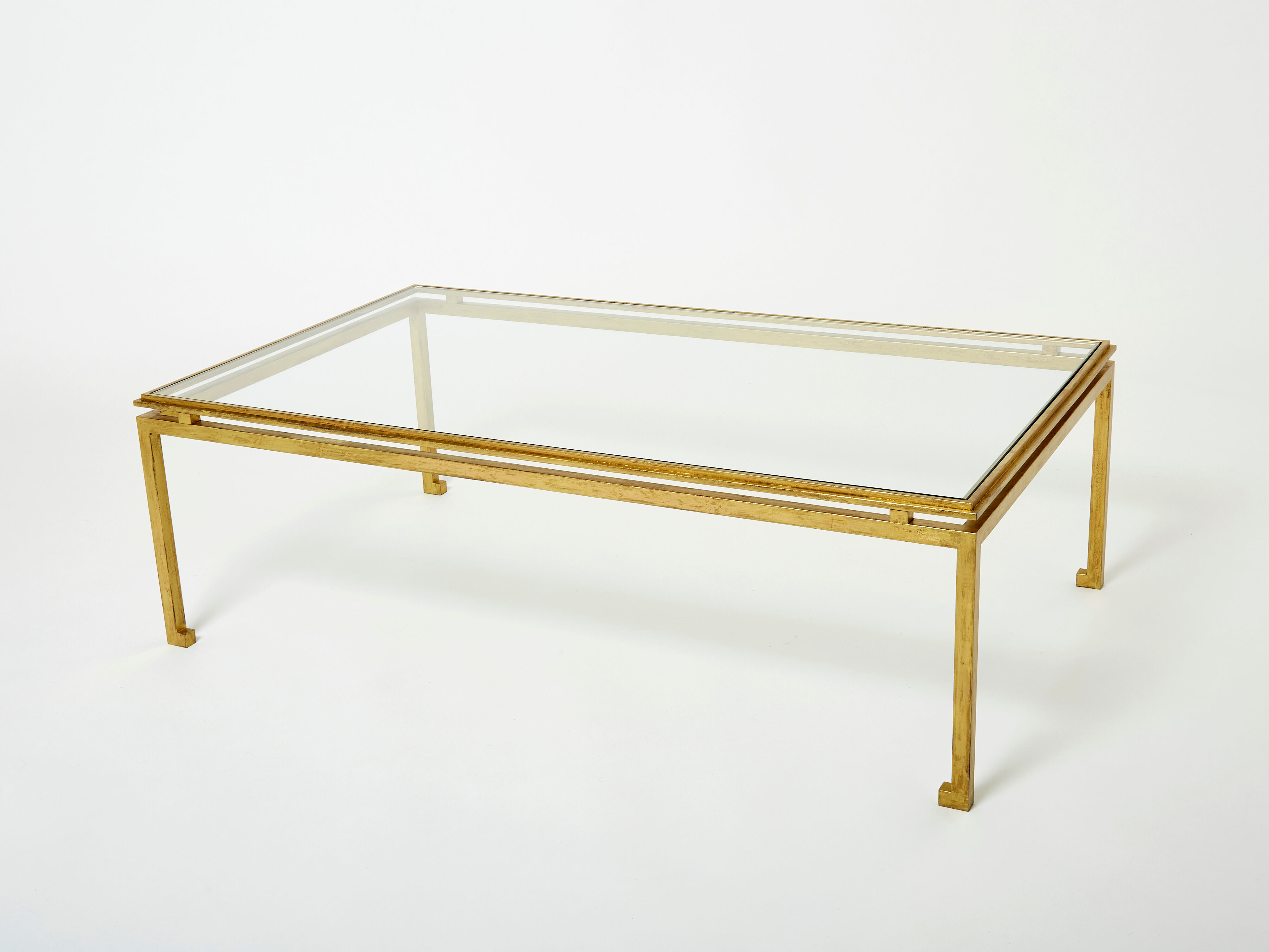 Coffee table beaten iron gilded glass Maison Ramsay 1950