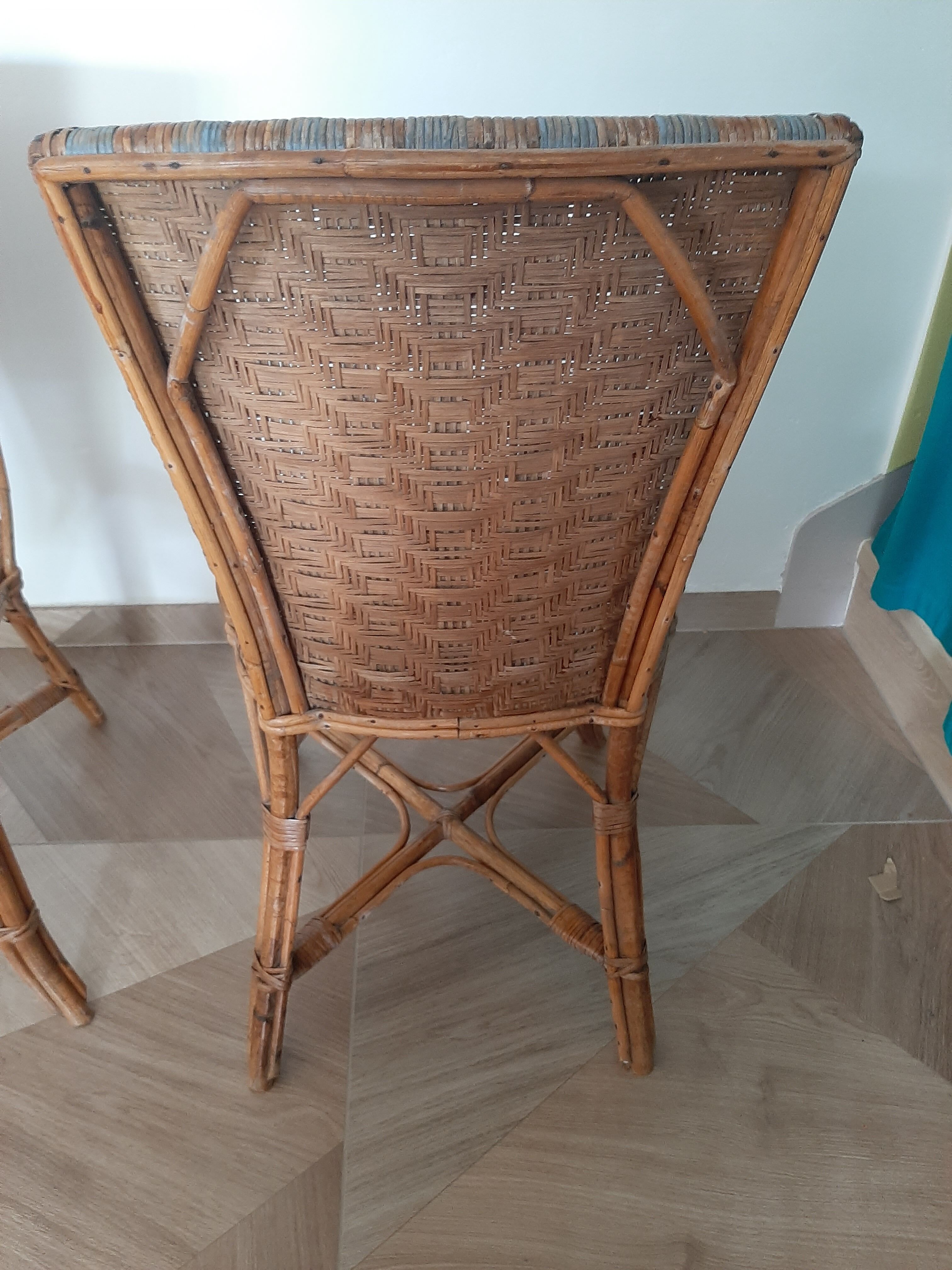 2 woven rattan garden chairs – sky blue net patterns – 1940s