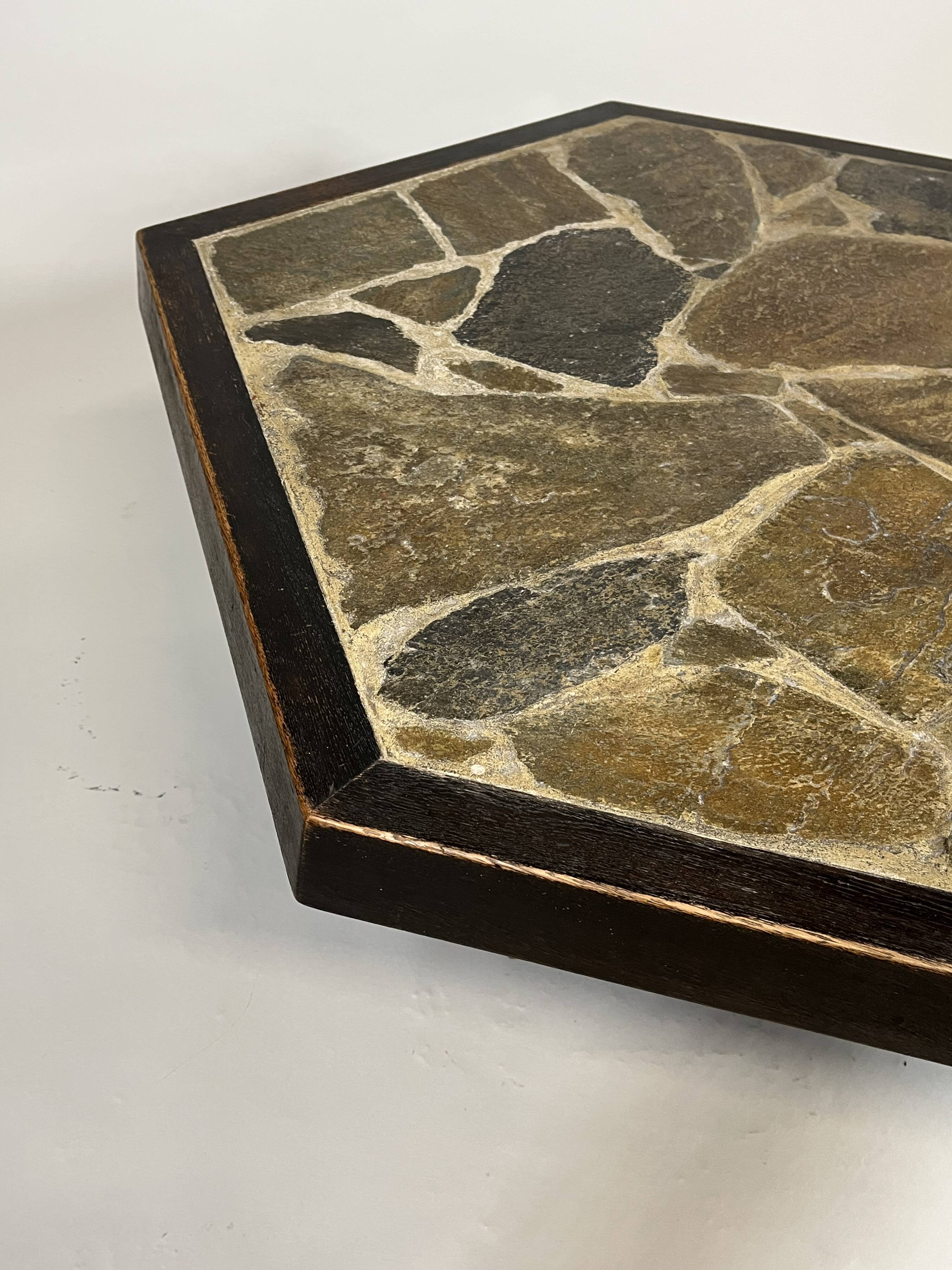 Large Brutalist Coffee Table in Oak and Stone Mosaic, 1960s