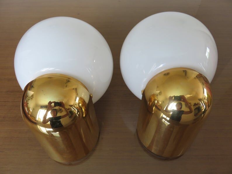 Pair of appliques " Limburg " white opaline and golden methacrylate 80s