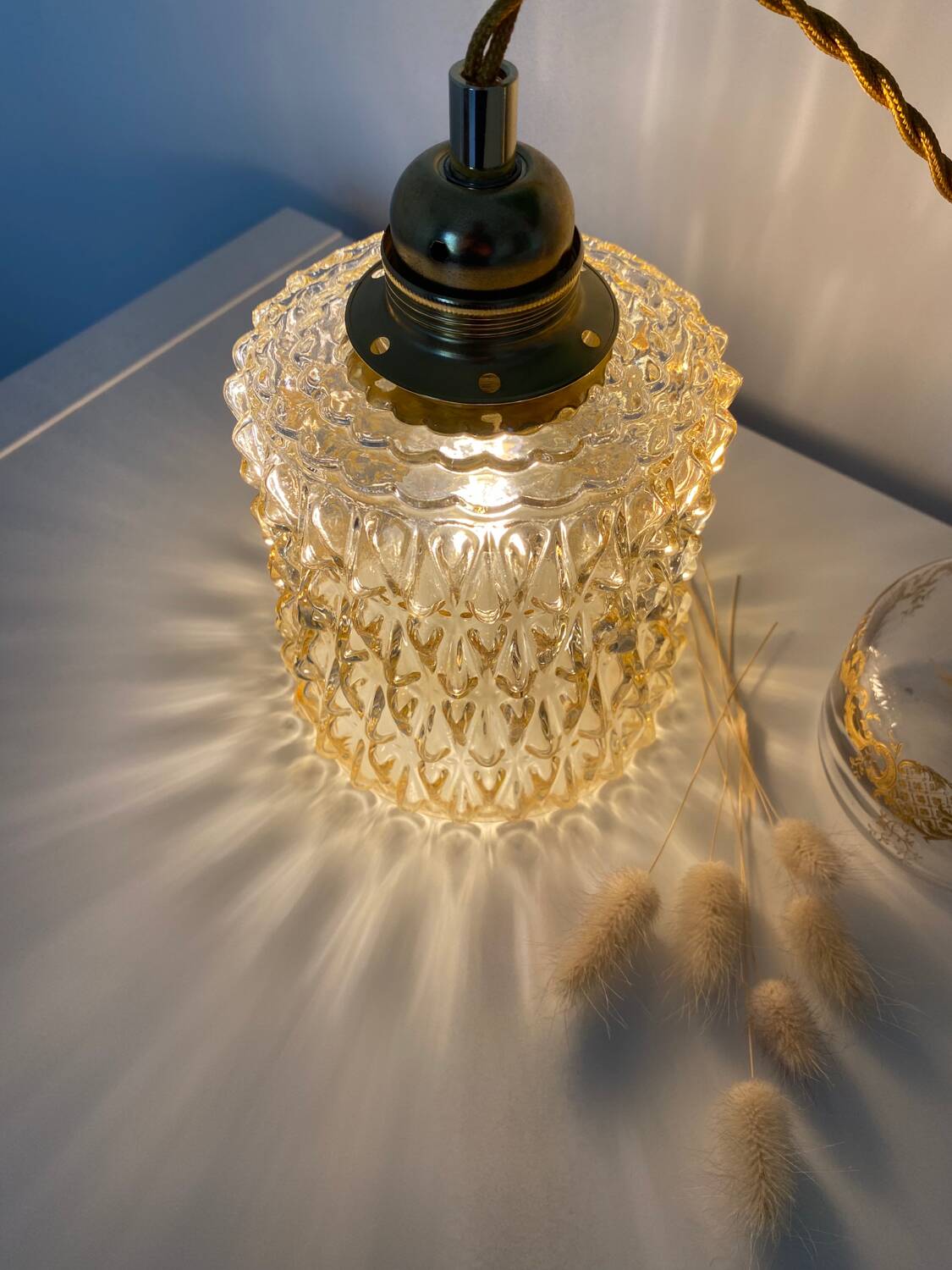 Walking lamp (or pendant light) with vintage amber glass globe