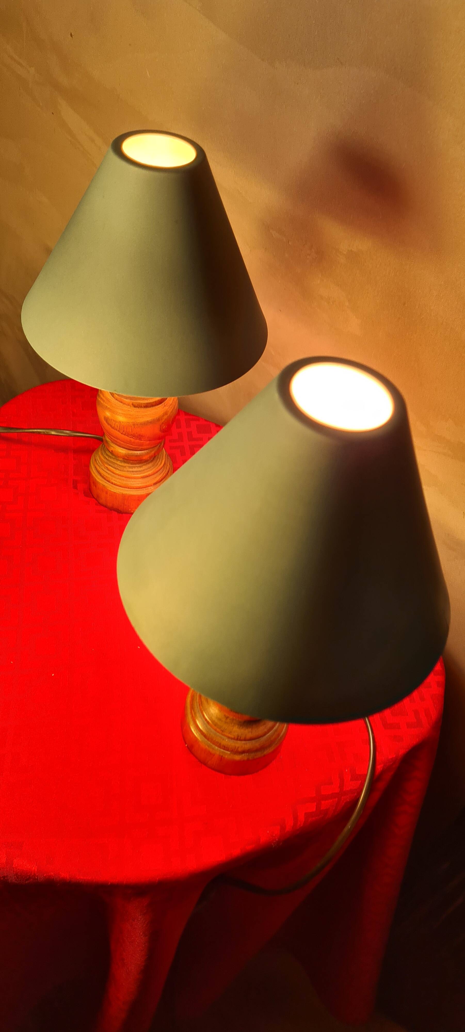 Pair of wooden bedside lamps with steel lampshades, scandinavian