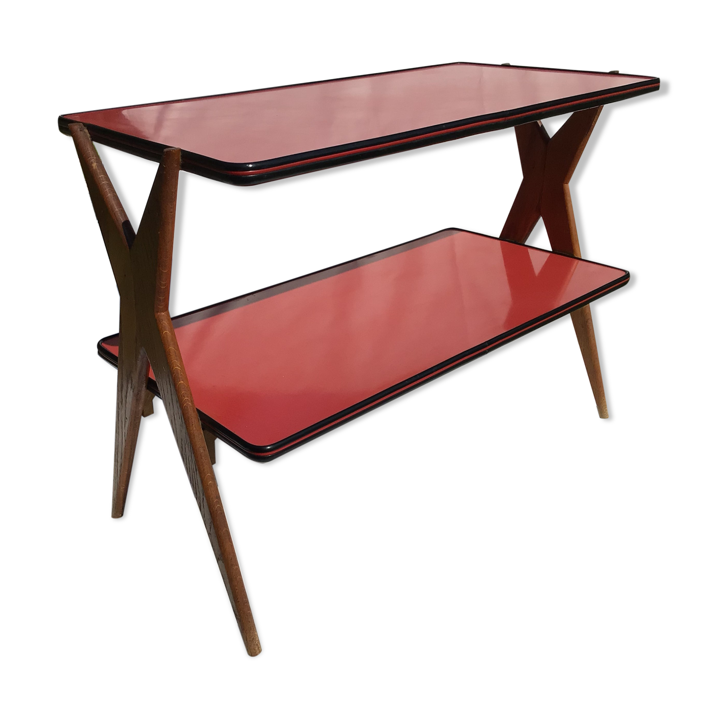 Double-footed red Formica wood spindles console