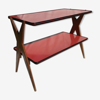 Console double pieds fuseaux bois Formica rouge