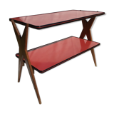 Double-footed red Formica wood spindles console