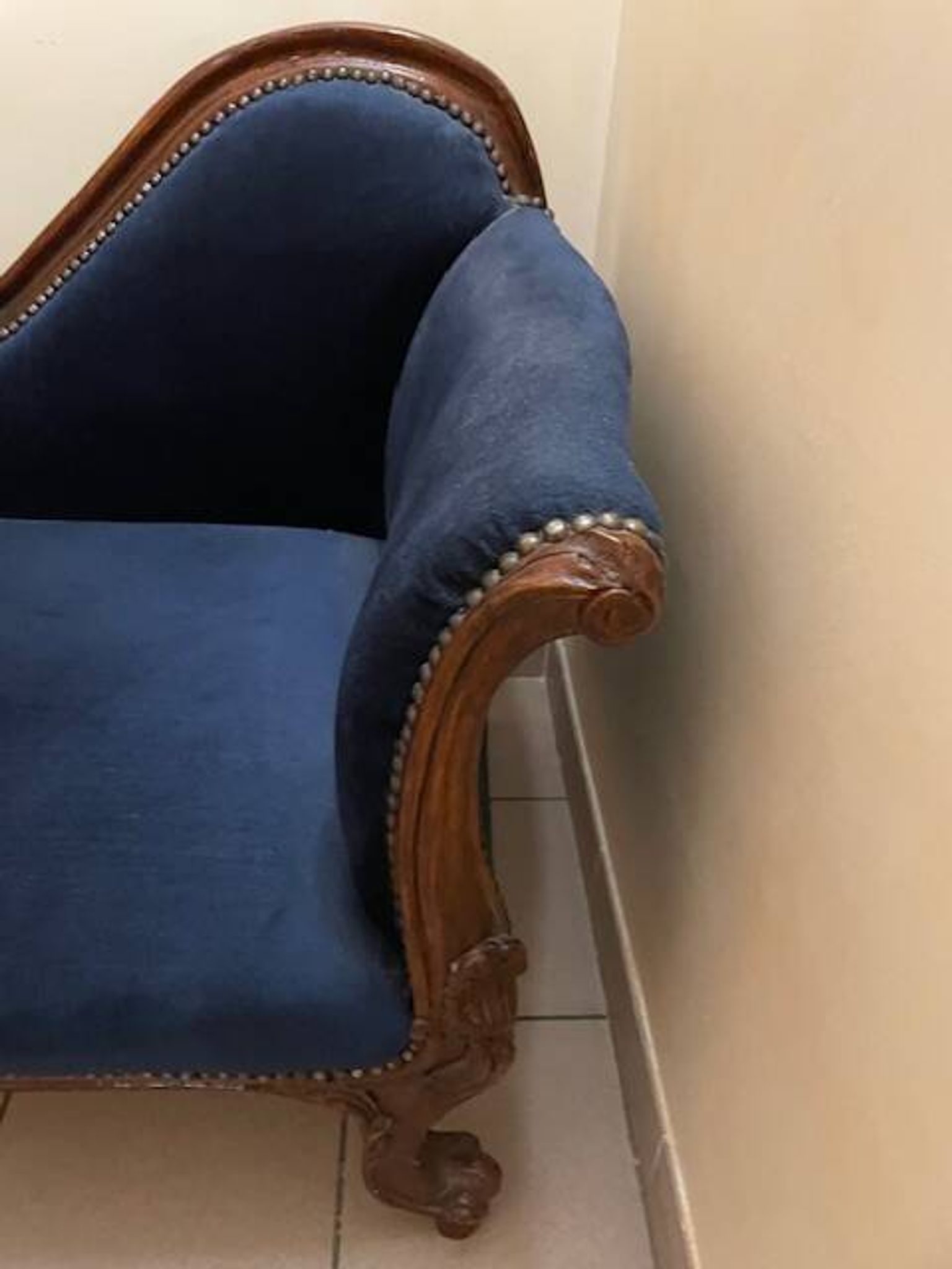 Mahogany and blue velvet daybed