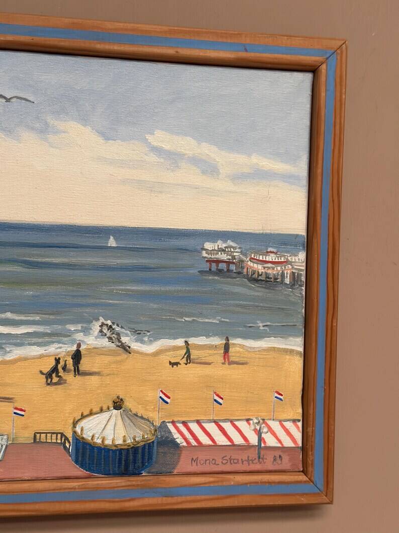 Original Swedish Oil on Canvas – "Day at the Beach" by Mona Starfelt – Signed – Dated 1989 – Framed