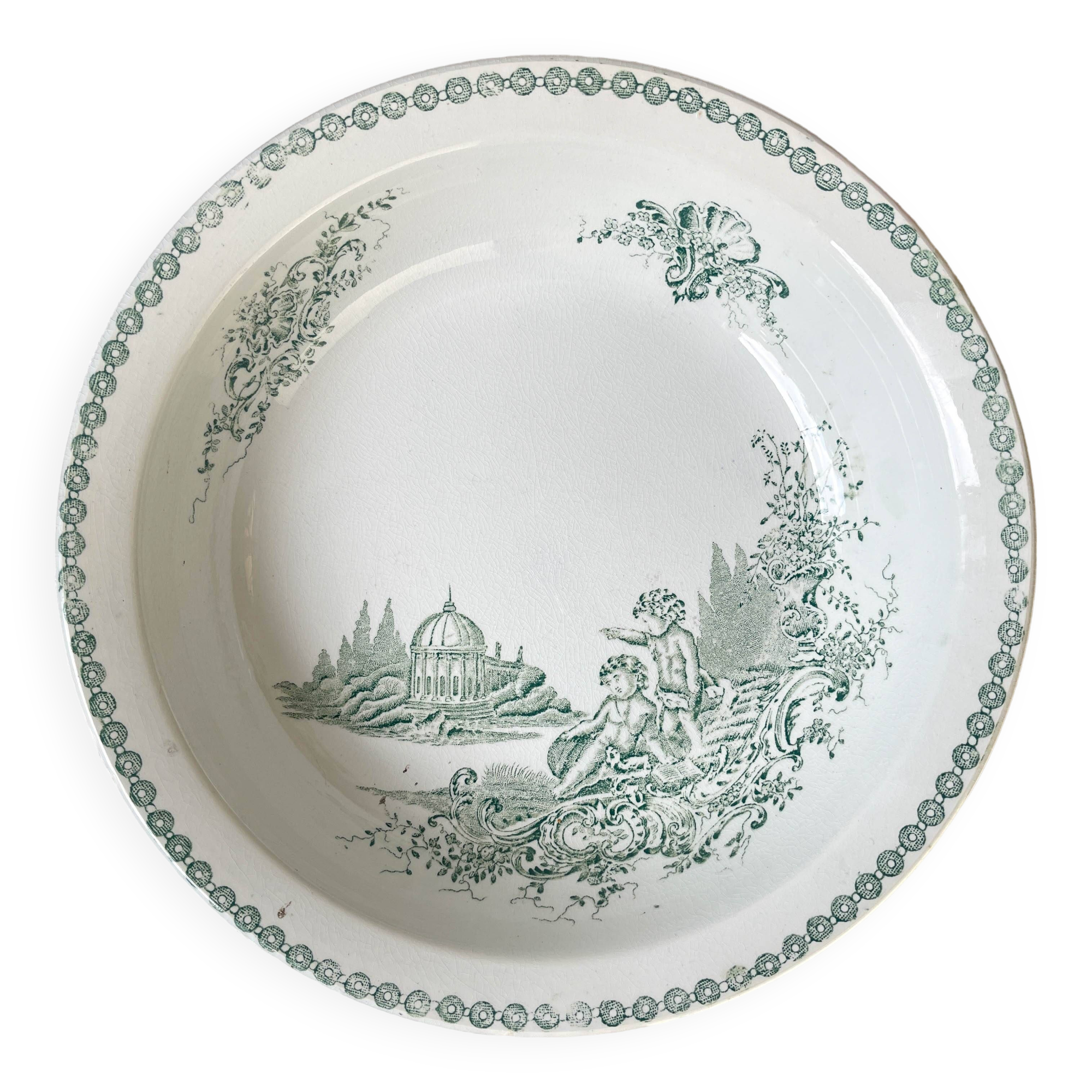 Vintage hollow dish French Terre de Fer St Amand TRIANON cherub motif 19th century