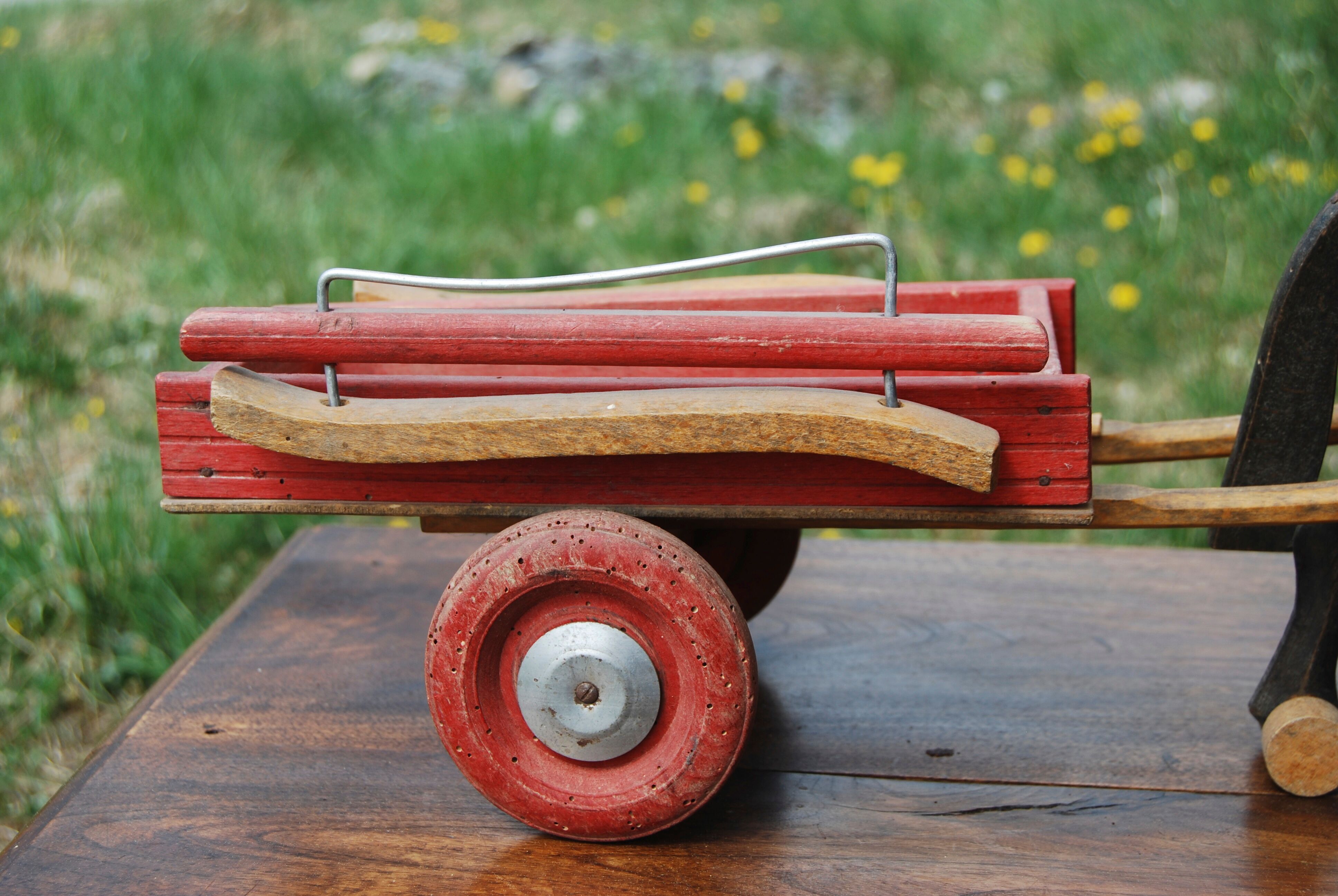 Old wooden toy Dejou. Hitch, horse and cart.