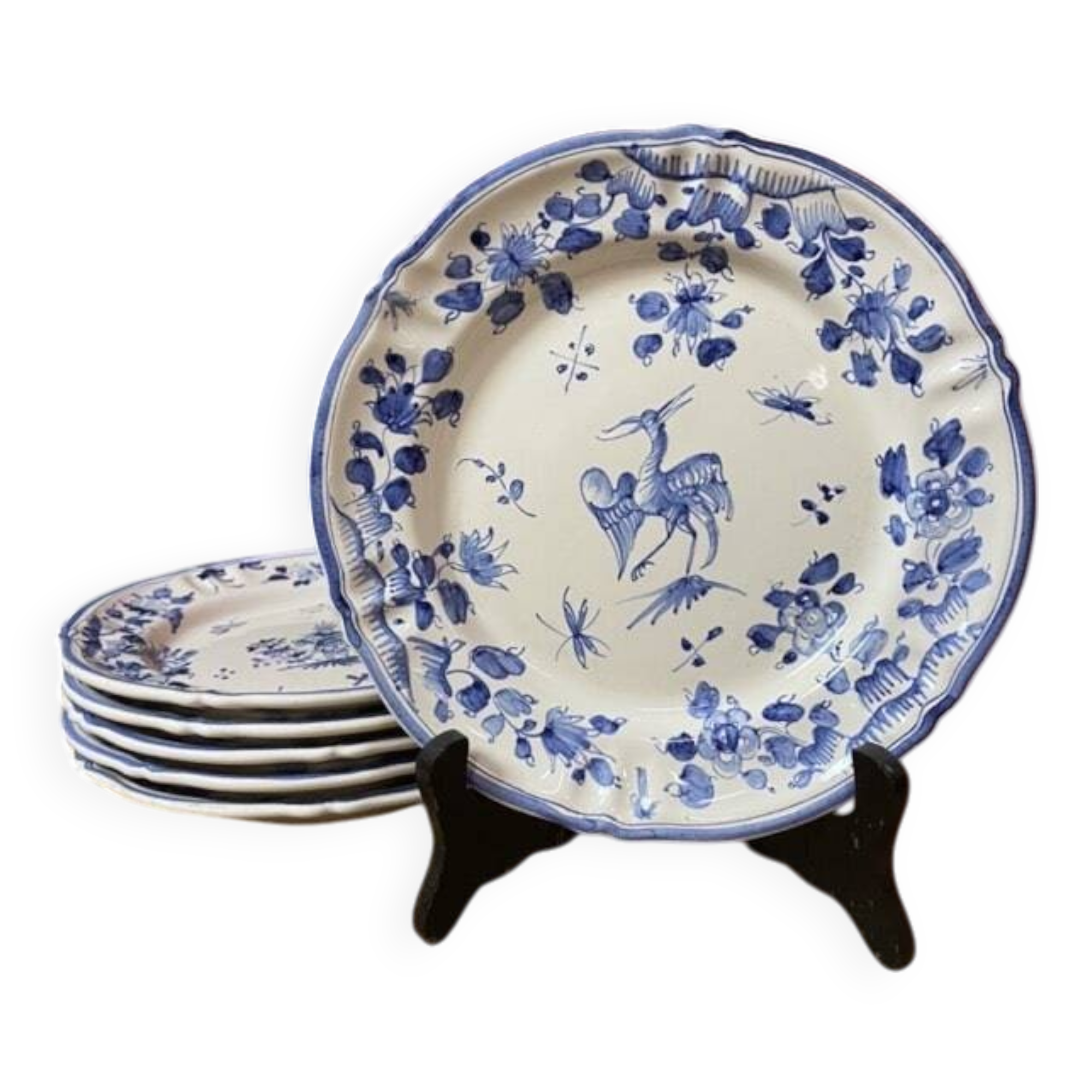 Ensemble de 6 assiettes à dessert décor bleu Moustiers