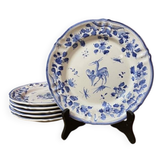 Ensemble de 6 assiettes à dessert décor bleu Moustiers