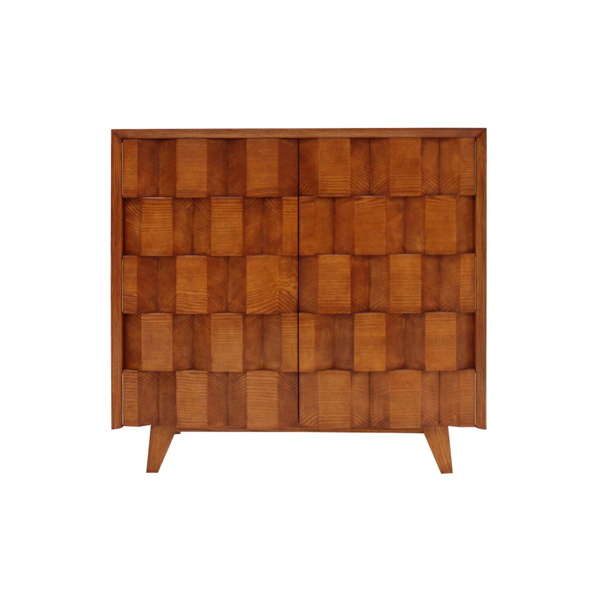 Mid Modern Style Faceted Oak Sideboard with Glass Shelf, Suitable as a Bar