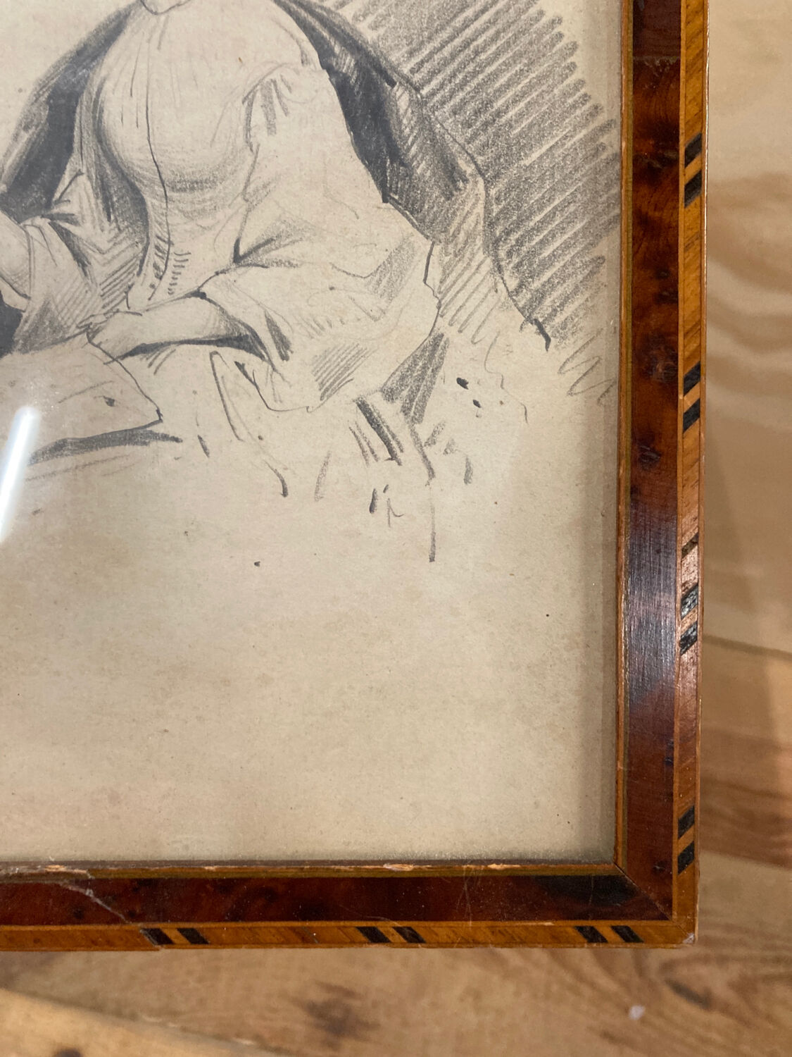 Portrait 19th young woman romantic marquetry frame