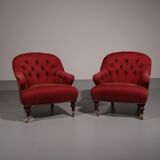 Pair of French red fabric button back armchairs