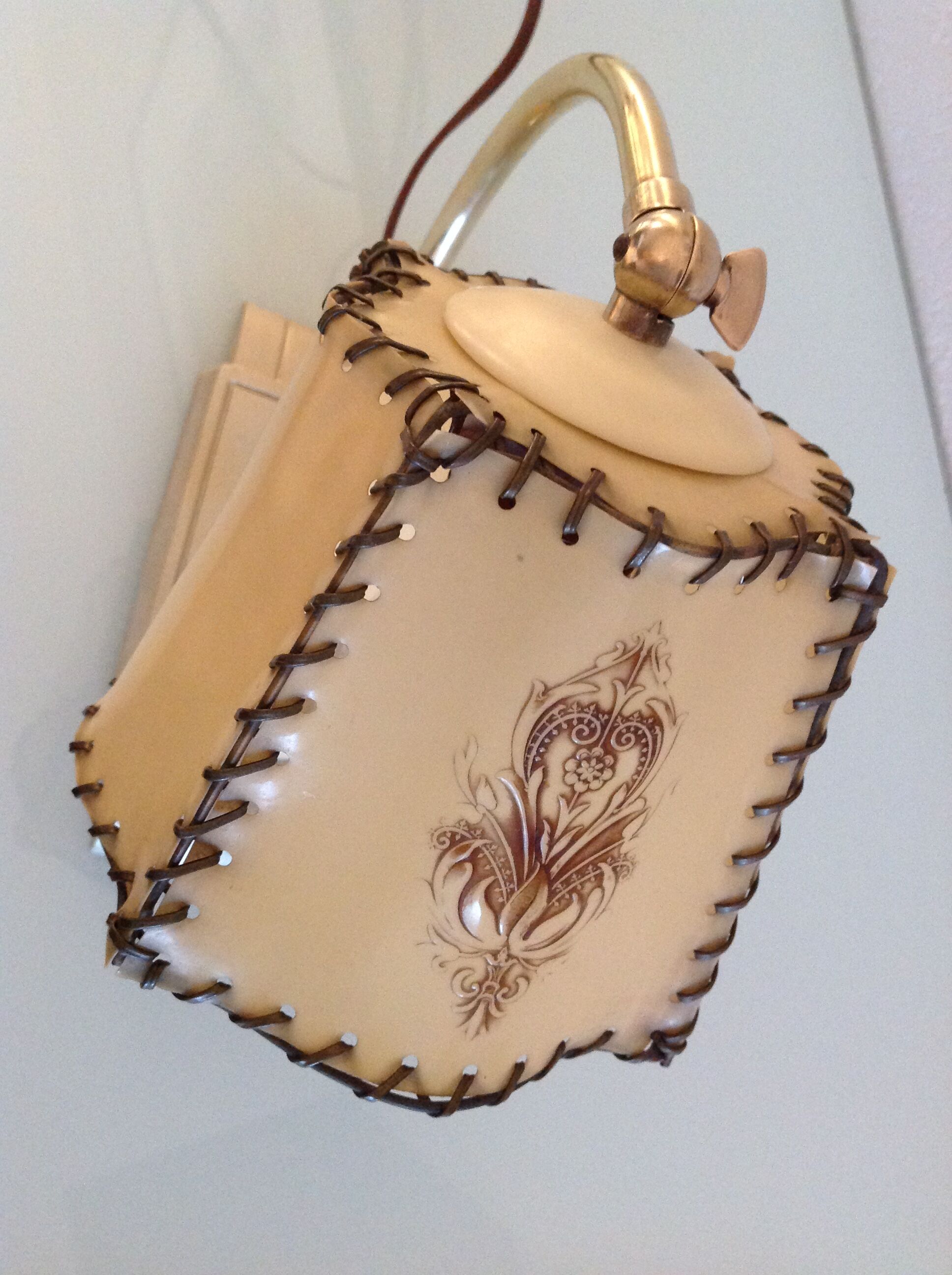 Brass bedside lamp and beige lampshade art deco style