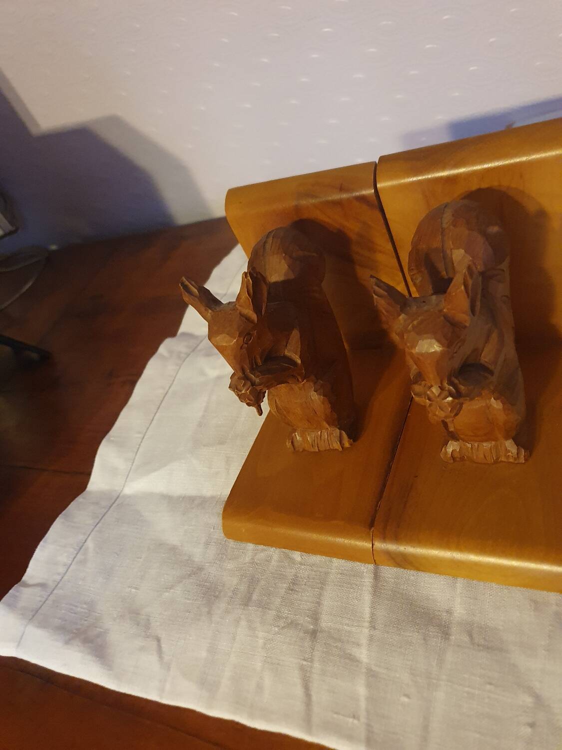 Vintage hand-carved wooden squirrel bookend
